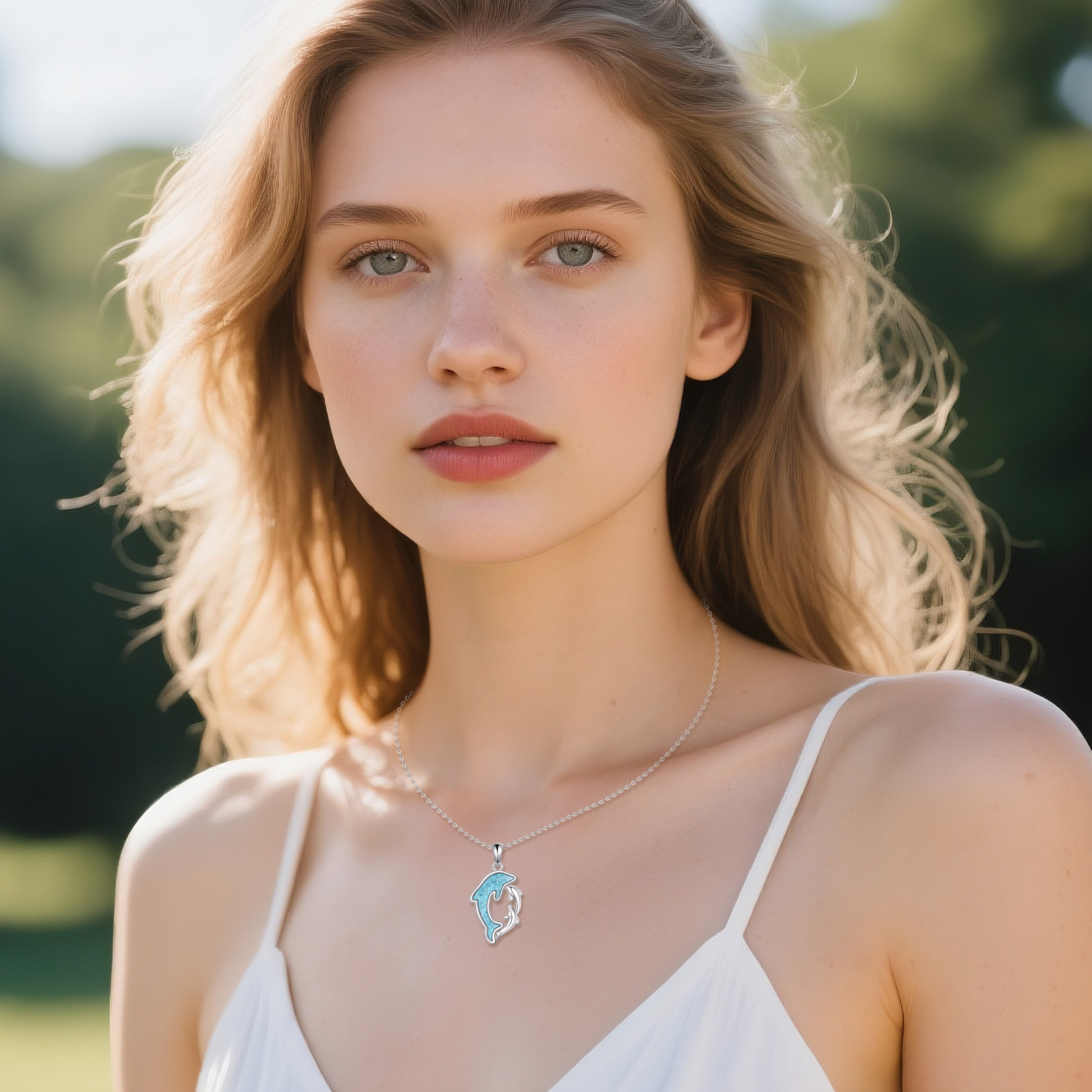925 Sterling Silver Synthetic Turquoise Dolphin Necklace